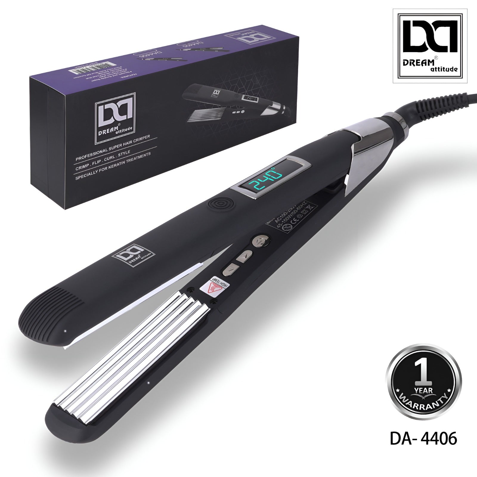 Professional Super Hair Crimper - Ionic Technology, Silver Titanium Plates, Adjustable Temperature, Keratin Treatment