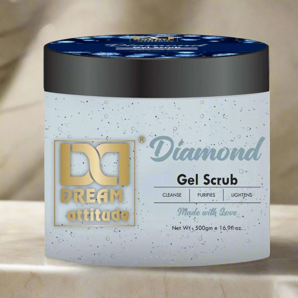 A serene spa background with white towels, candles, and crystal accents featuring the Dream Attitude Diamond Gel Scrub, a top exfoliating scrub for face, perfect for natural skincare.