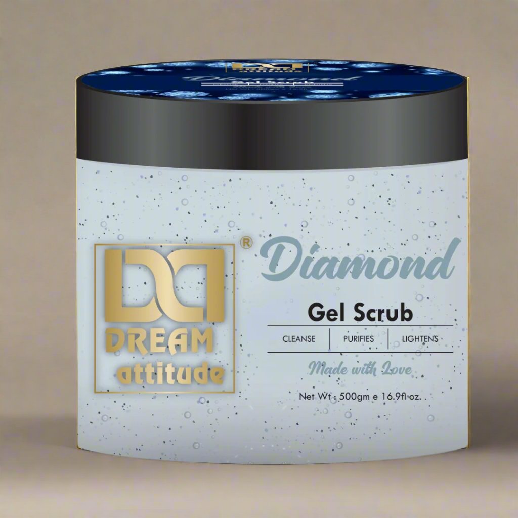 Dream Attitude Diamond Gel Scrub in a sleek, minimalist background with white marble, clean lines, and soft lighting, highlighting its appeal as a premium exfoliating scrub for face and skincare product.
