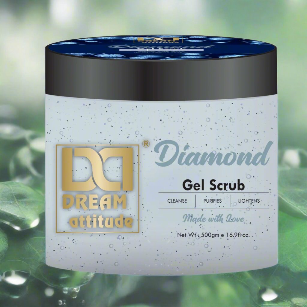 Dream Attitude Diamond Gel Scrub showcased on a natural skincare setup with soft green leaves, wooden textures, and a bright, fresh ambiance emphasizing the benefits of exfoliating scrubs for face.