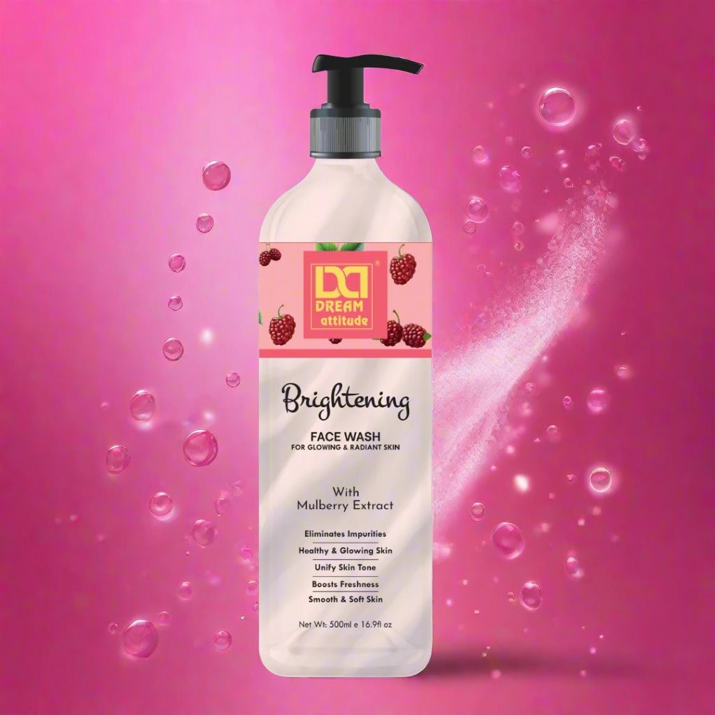 Brightening Face Wash for glowing skin with mulberry extract in a pump bottle, ideal for cleansing and hydrating all skin types.