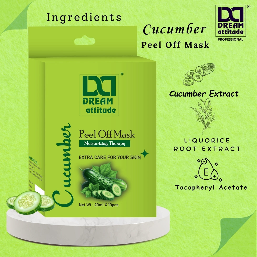 Cucumber Peel Off Mask featuring natural ingredients like cucumber extract, liquorice root, and tocopheryl acetate for healthy skin.