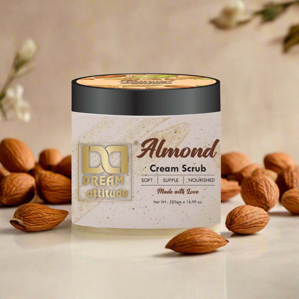 Almond Cream Scrub by Dream Attitude, displayed with a natural almond-themed design for a soft and glowing skin experience.