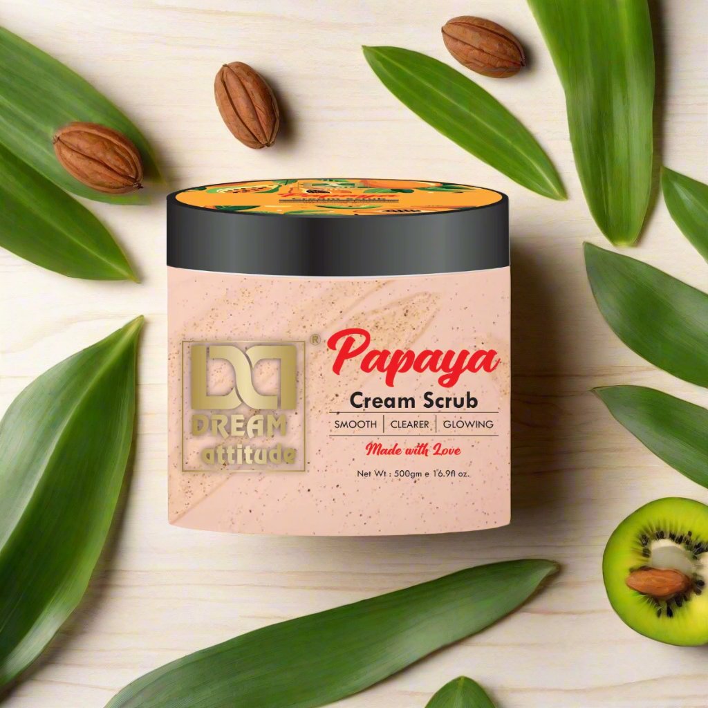 Papaya Cream Scrub for glowing skin, surrounded by natural ingredients like papaya slices, walnut shells, and aloe vera leaves on a clean wooden spa table.