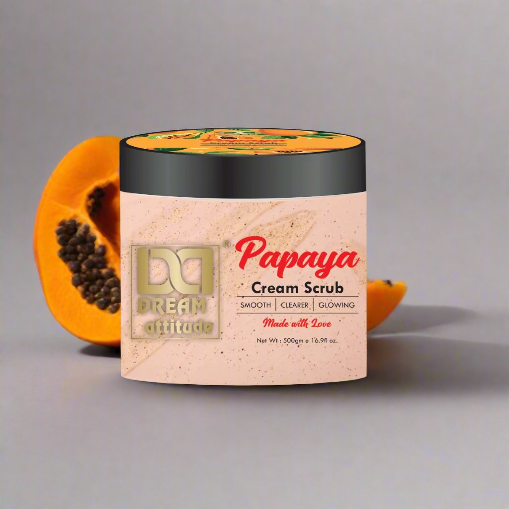 Papaya Cream Scrub by Dream Attitude – A natural exfoliating scrub for smooth and glowing skin, displayed with papaya slices and glowing orange gradient.