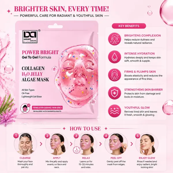Power Bright Collagen H2O Jelly Algae Mask | Brightens Dull Skin & Gives Fresh Glowing Look | Oil-Free Gel-to-Gel Formula | All Skin Types | Dream Attitude - Image 2 - DREAM Attitude
