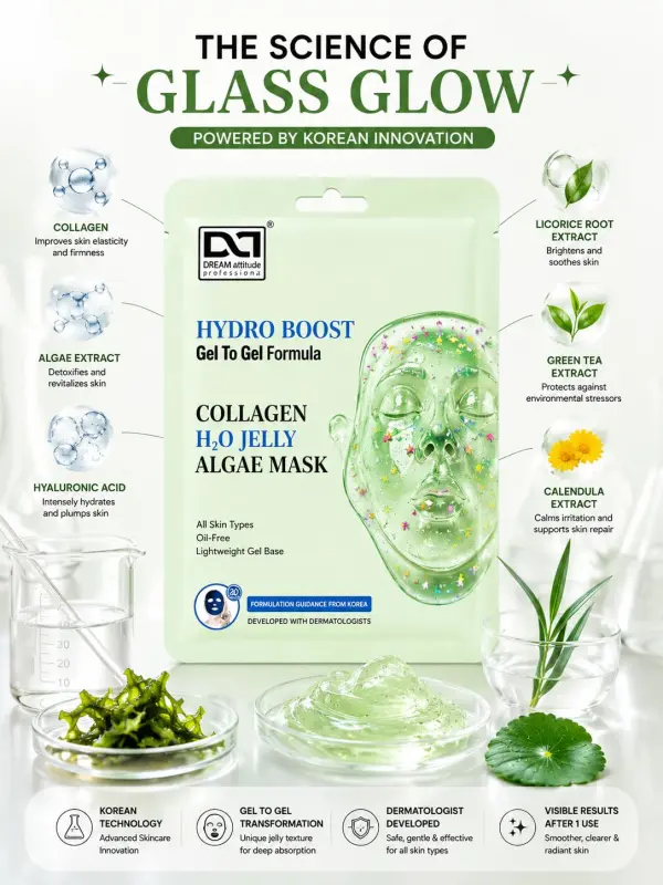 Korean Glass Collagen H2O Jelly Algae Mask | Gives Glass Glow, Smooth & Hydrated Looking Skin | Oil-Free Gel-to-Gel Formula | All Skin Types | Dream Attitude - Image 2 - DREAM Attitude