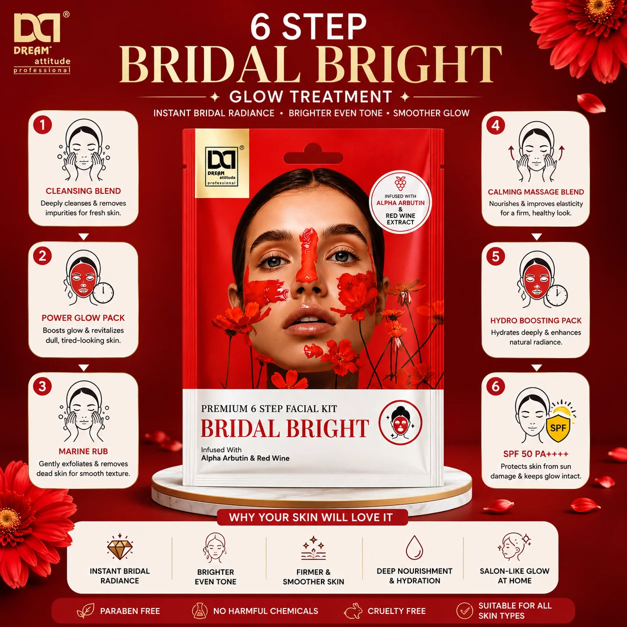 Bridal Bright Premium Facial Kit – Advanced 6 Step Luxury Glow Treatment for Instant Bridal Radiance, Bright Healthy Looking Skin, Smooth Texture & Salon-Like Glass Glow Finish | Dream Attitude - Image 7 - DREAM Attitude