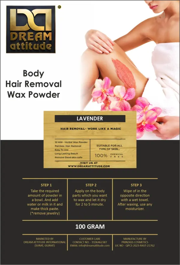 Lavender Wax Powder for Body Hair Removal | Easy-to-Use Hair Removal Powder for Arms, Legs & Underarms | Smooth Skin Feel & Fresh Lavender Care | 100g | Dream Attitude