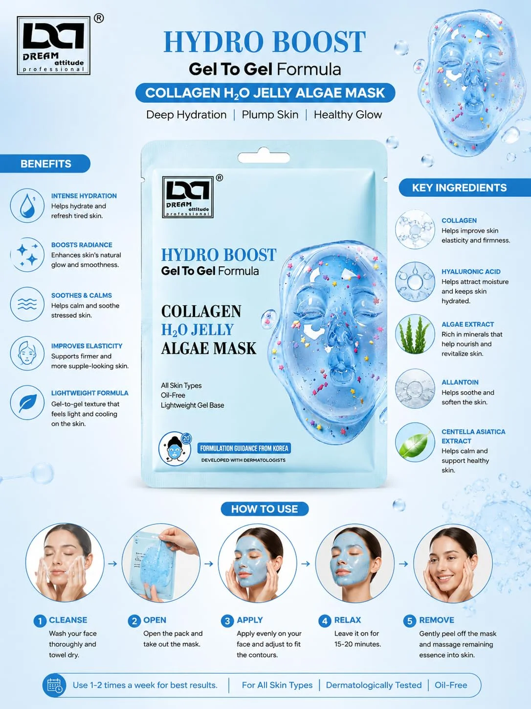 Hydro Boost Collagen H2O Jelly Algae Mask | Gives Deep Hydration & Fresh Glowing Skin | Oil-Free Gel-to-Gel Formula | All Skin Types | Dream Attitude - Image 2 - DREAM Attitude