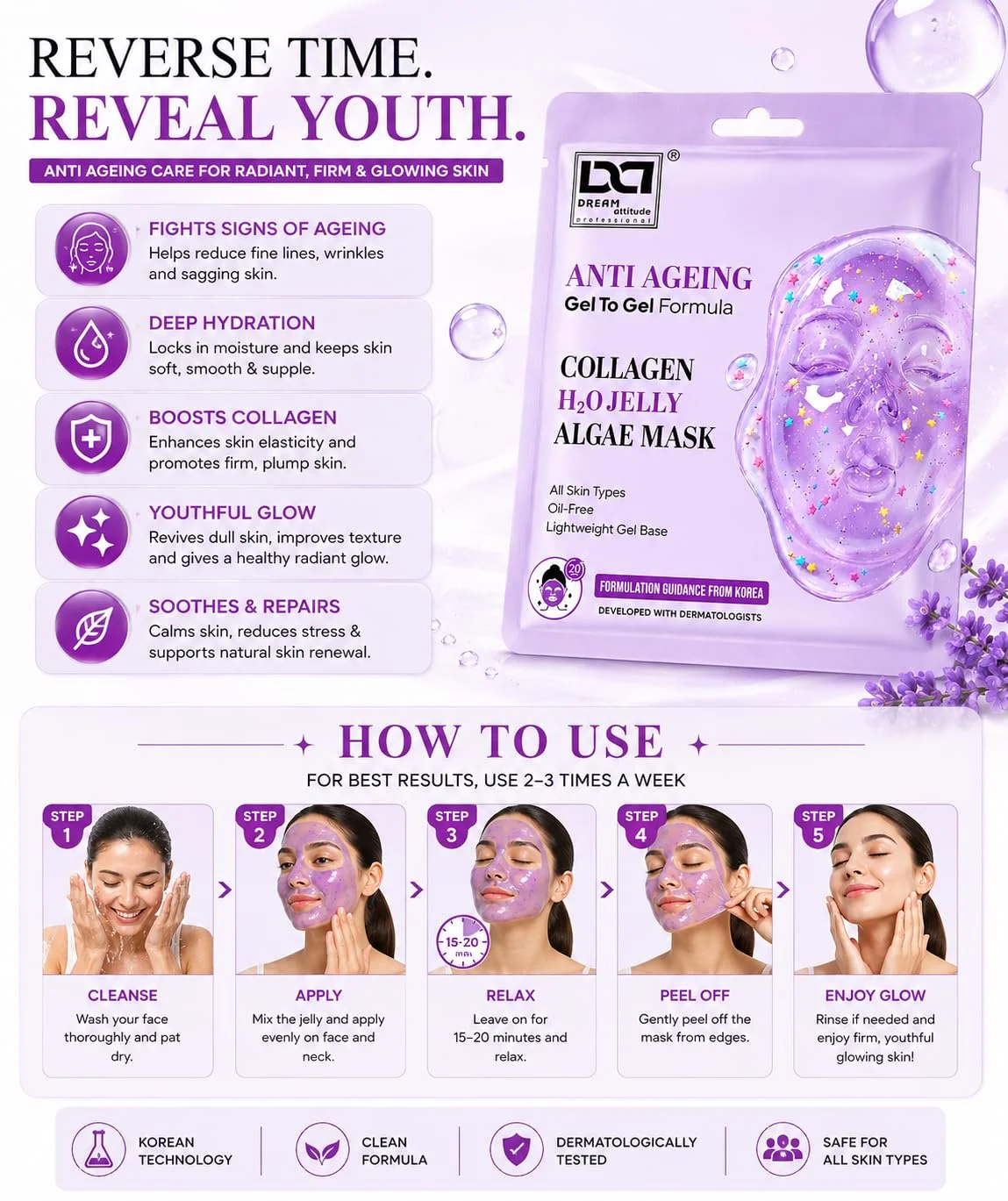 Hydro Boost Collagen H2O Jelly Algae Mask | Gives Deep Hydration & Fresh Glowing Skin | Oil-Free Gel-to-Gel Formula | All Skin Types | Dream Attitude - Image 3 - DREAM Attitude