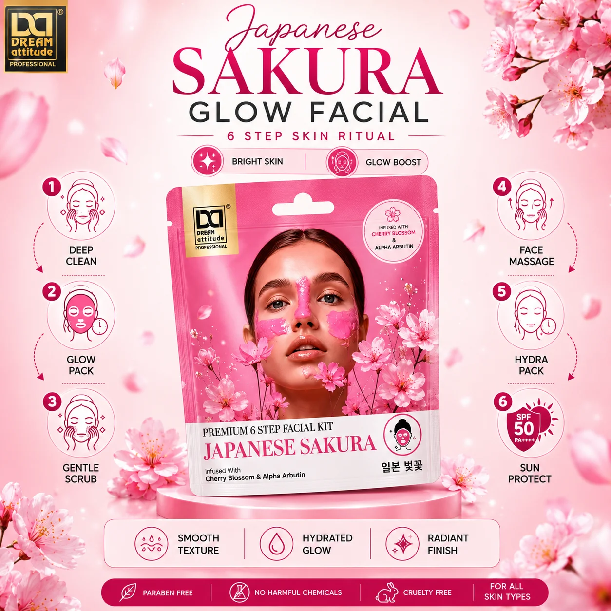 Japanese Sakur Premium Facial Kit – 6 Step Glow Treatment for Radiant Skin, Soft Smooth Texture & Deep Hydration | Dream Attitude