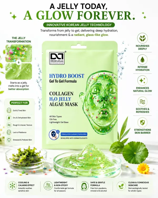 Korean Glass Collagen H2O Jelly Algae Mask | Gives Glass Glow, Smooth & Hydrated Looking Skin | Oil-Free Gel-to-Gel Formula | All Skin Types | Dream Attitude - Image 4 - DREAM Attitude