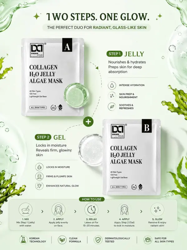 Korean Glass Collagen H2O Jelly Algae Mask | Gives Glass Glow, Smooth & Hydrated Looking Skin | Oil-Free Gel-to-Gel Formula | All Skin Types | Dream Attitude - Image 3 - DREAM Attitude
